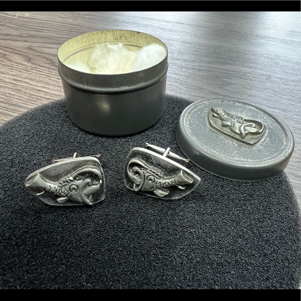 Vintage Metzke Pewter Fish Bass Cufflinks & Tin